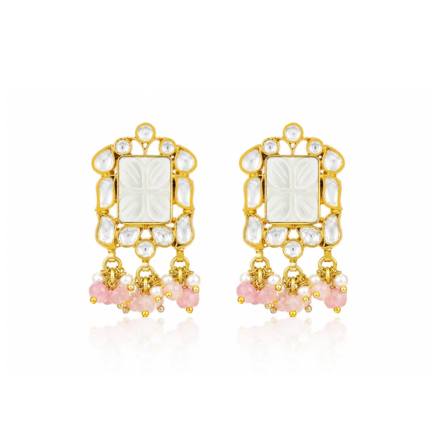 Pastel Polki 925 Sterling Silver Floral Pearl Drop Earrings