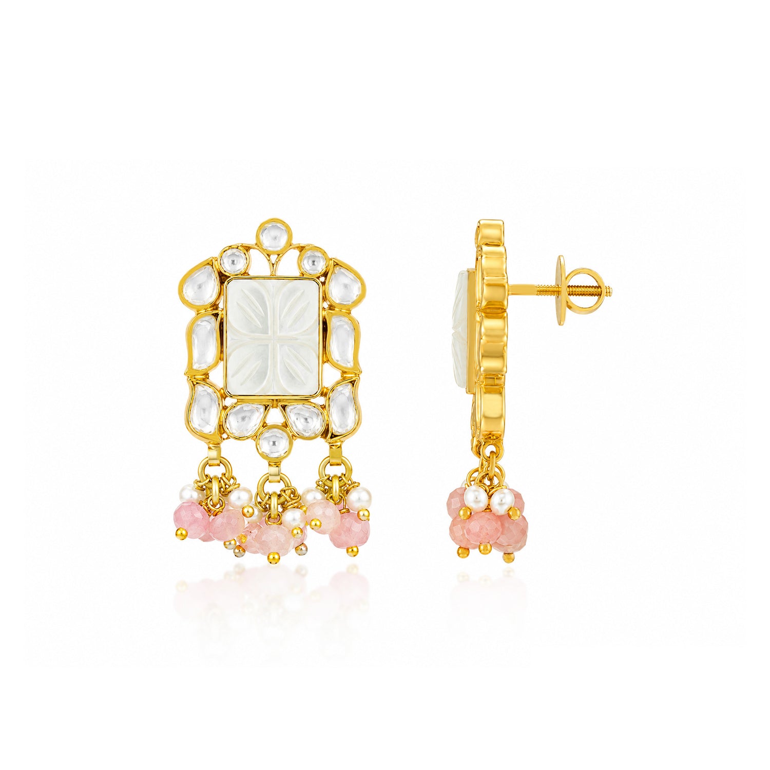Pastel Polki 925 Sterling Silver Floral Pearl Drop Earrings