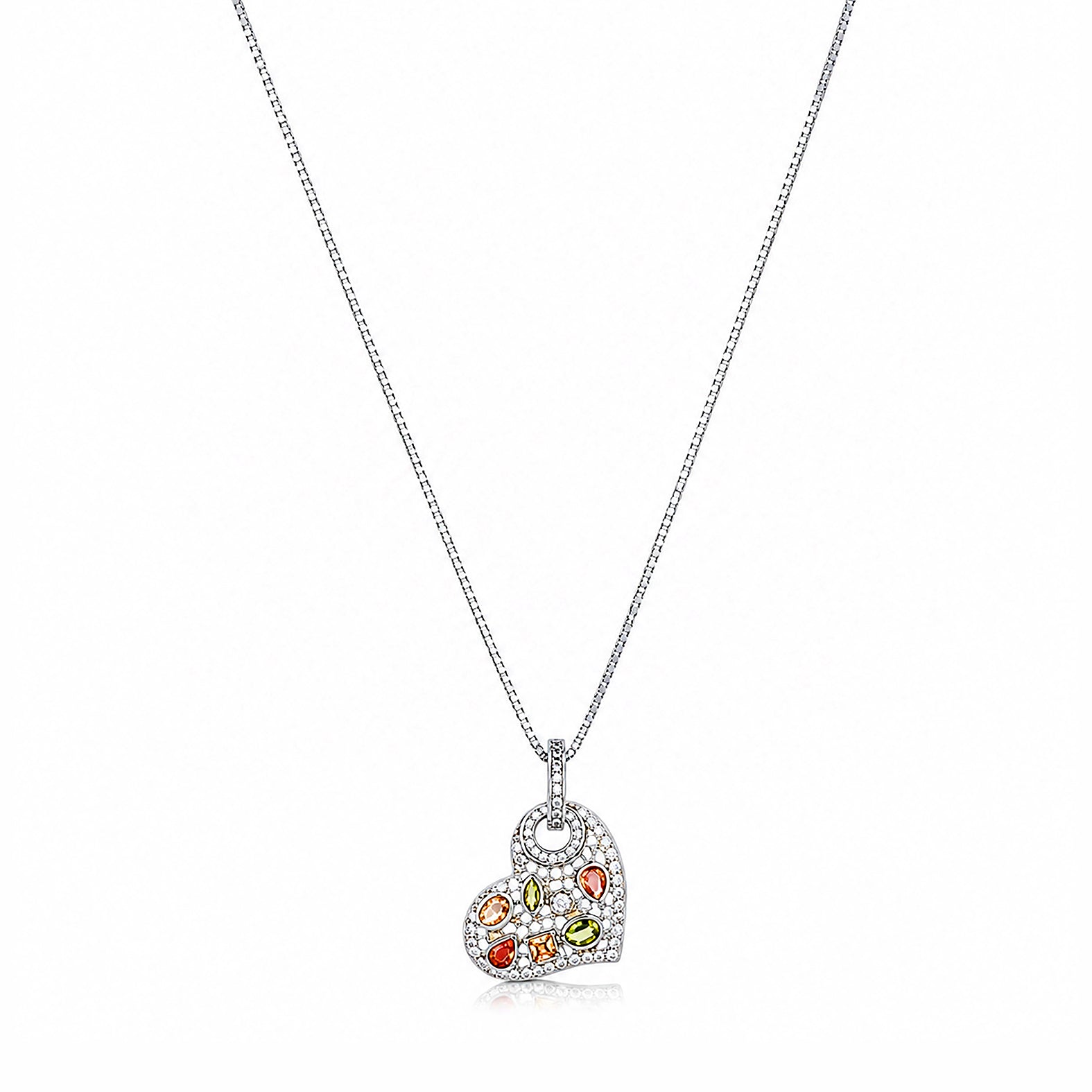 Pave Heart Multi Colour Silver Chain Pendant