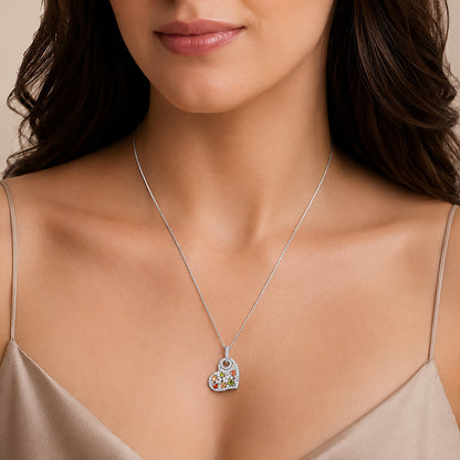 Pave Heart Multi Colour Silver Chain Pendant
