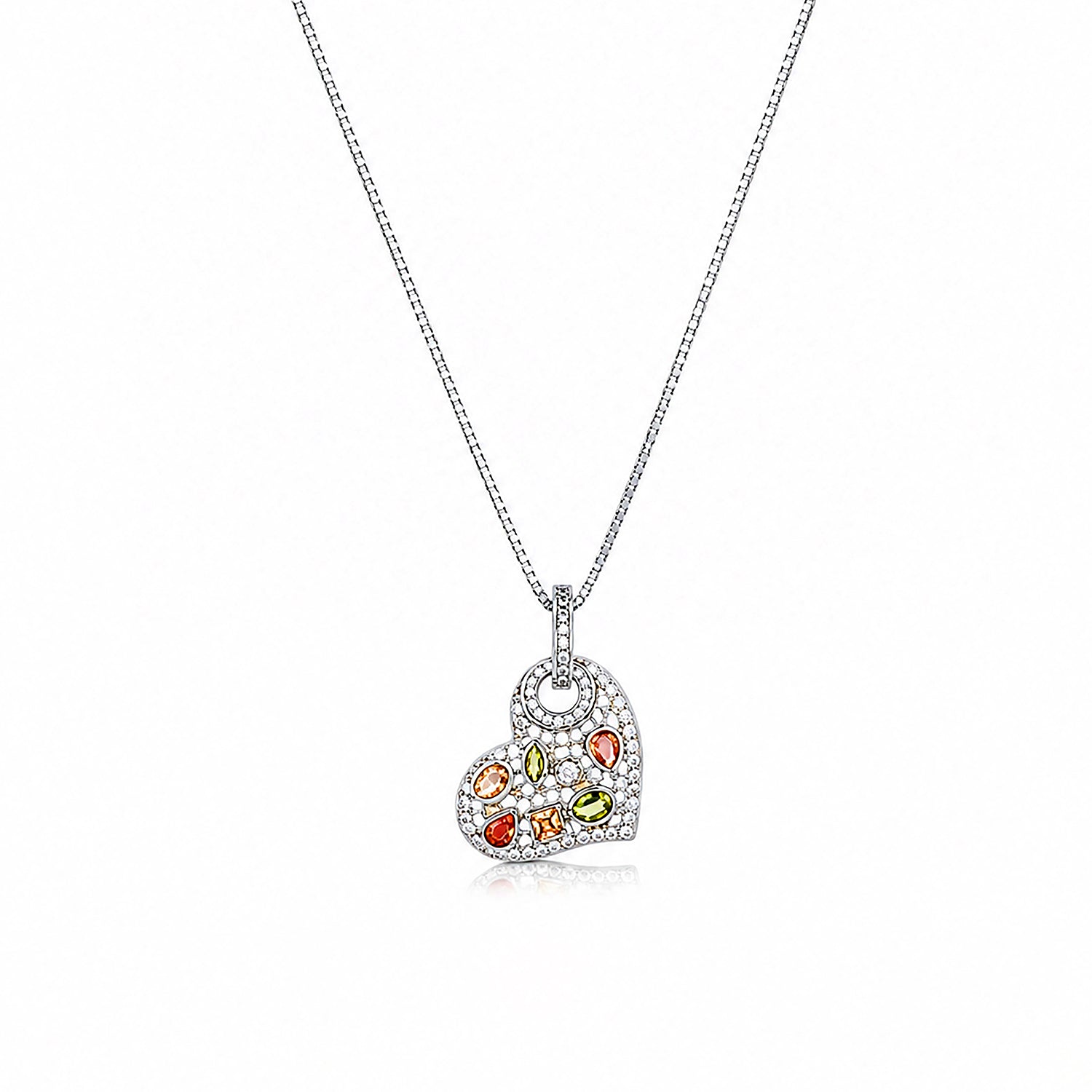 Pave Heart Multi Colour Silver Chain Pendant