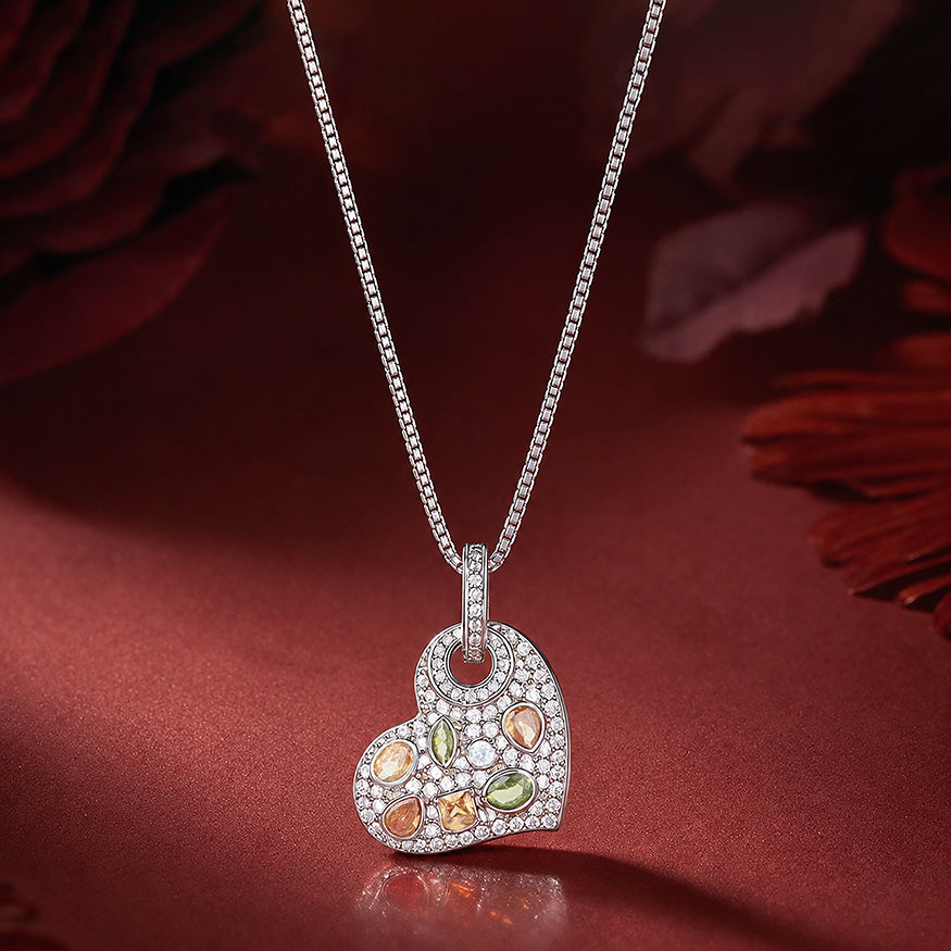 Pave Heart Multi Colour Silver Chain Pendant
