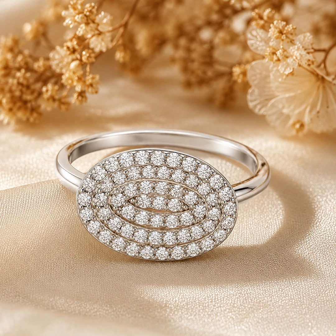 Pave Oval Concentric Halo 925 Sterling Silver Ring