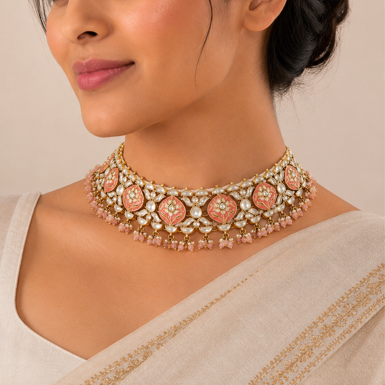 Peach Petal Kundan 925 Sterling Silver Choker Necklace