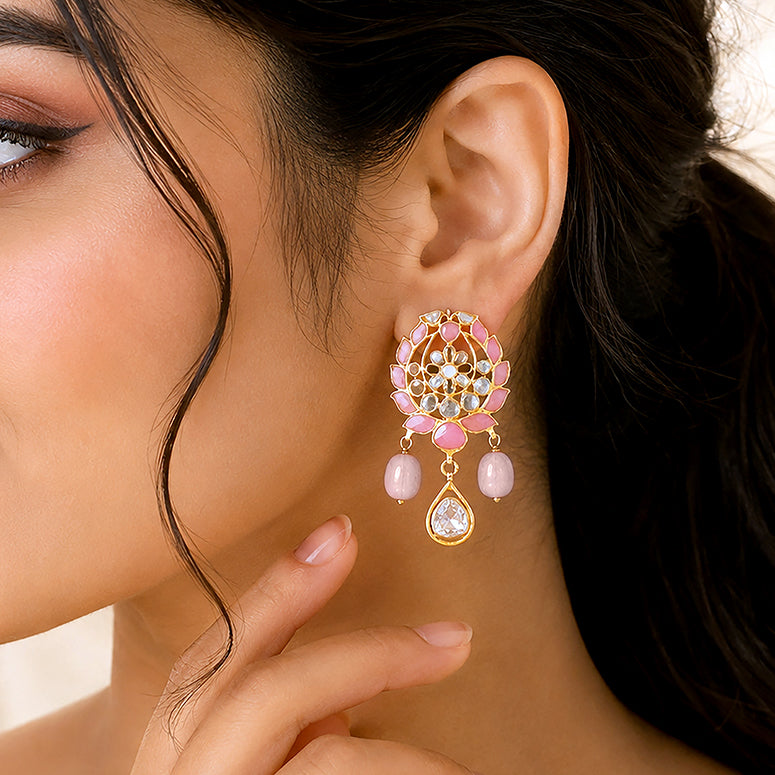 Peach Golden Lotus Pearl Rose 925 Sterling Silver Earring