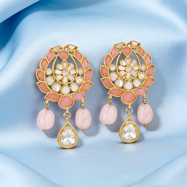 Peach Golden Lotus Pearl Rose 925 Sterling Silver Earring