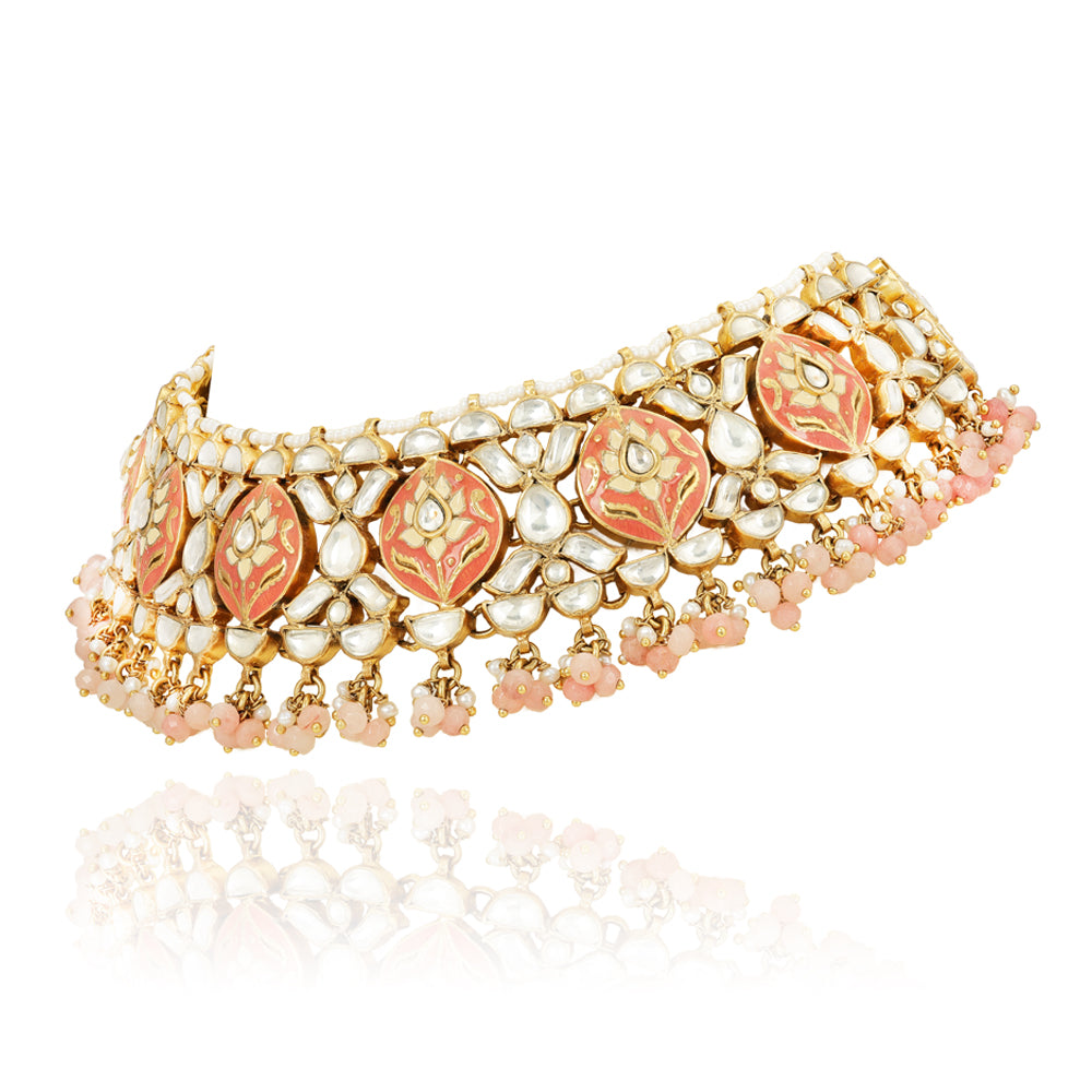 Peach Petal Kundan 925 Sterling Silver Choker Necklace