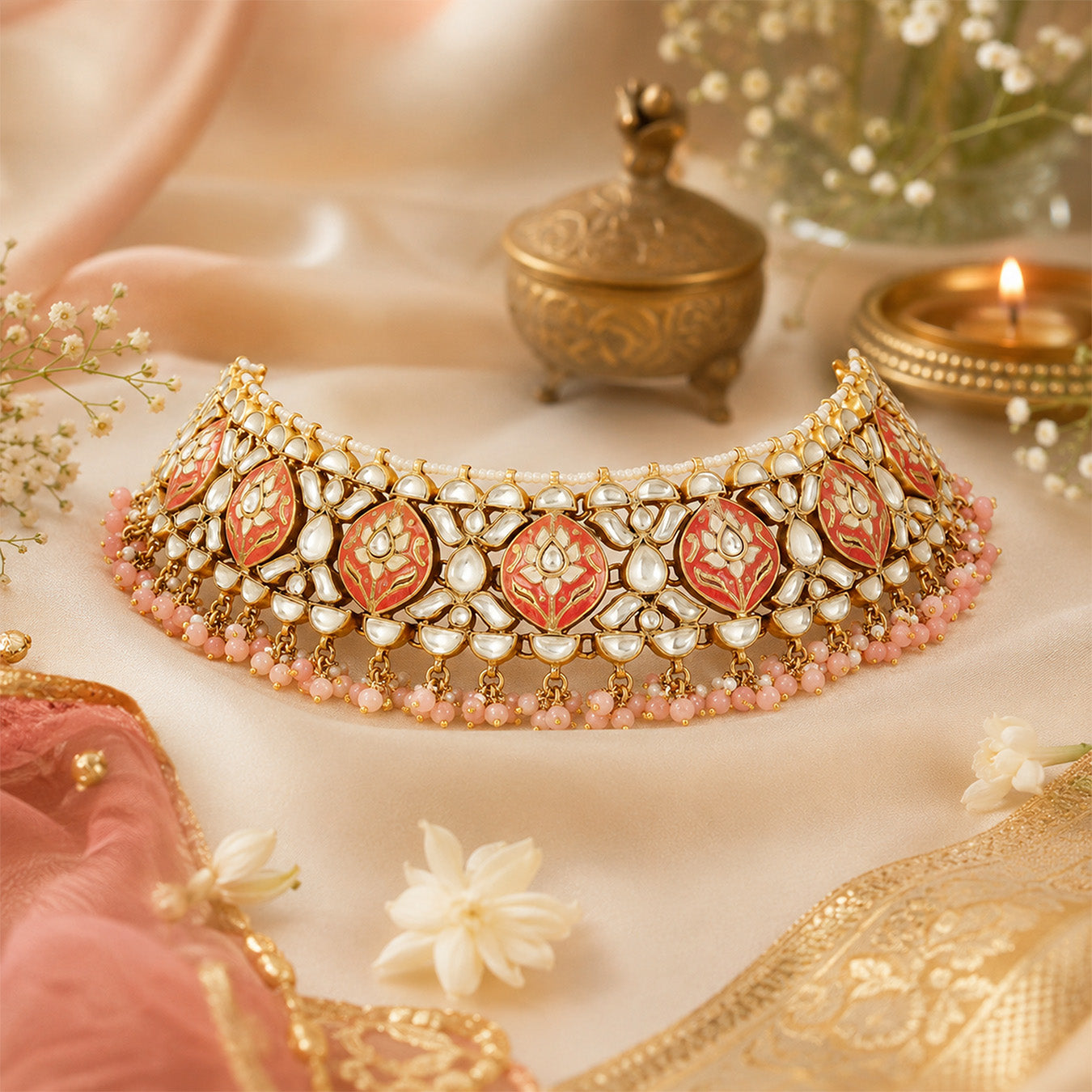 Peach Petal Kundan 925 Sterling Silver Choker Necklace