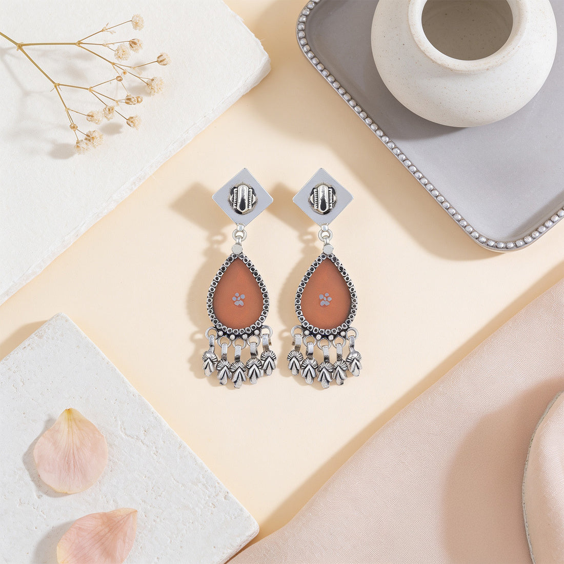 Peach Teardrop Elegance 925 Sterling Silver Tassel Earrings