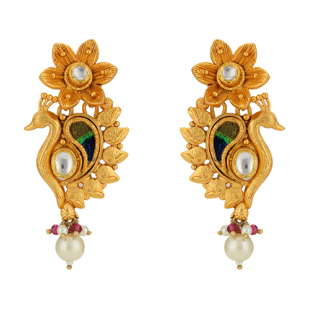 Peacock Charm Pearl Drop 925 Gold Plated Earrings