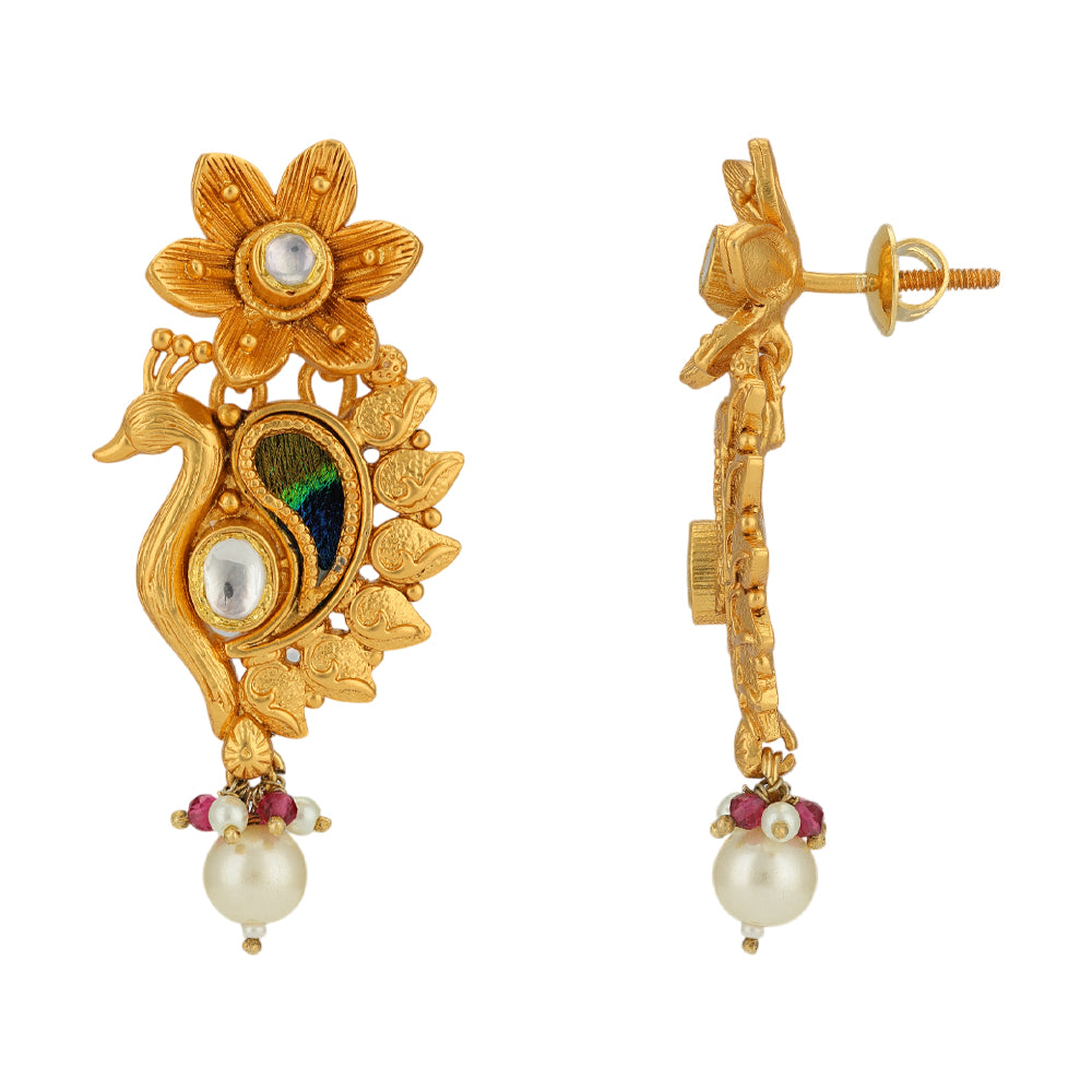 Peacock Charm Pearl Drop 925 Gold Plated Earrings