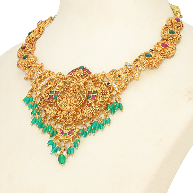 Peacock Motif Lakshmi Emerald 925 Sterling Silver Necklace for Women