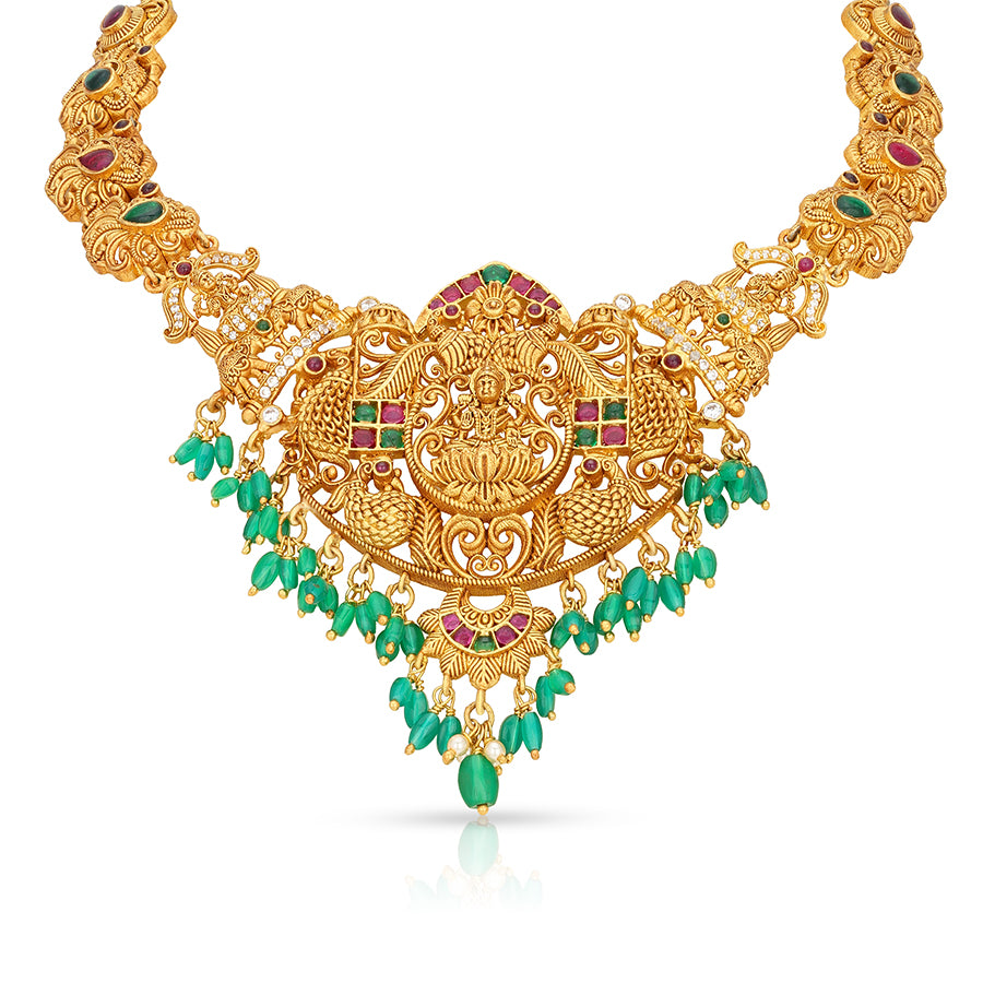 Peacock Motif Lakshmi Emerald 925 Sterling Silver Necklace for Women