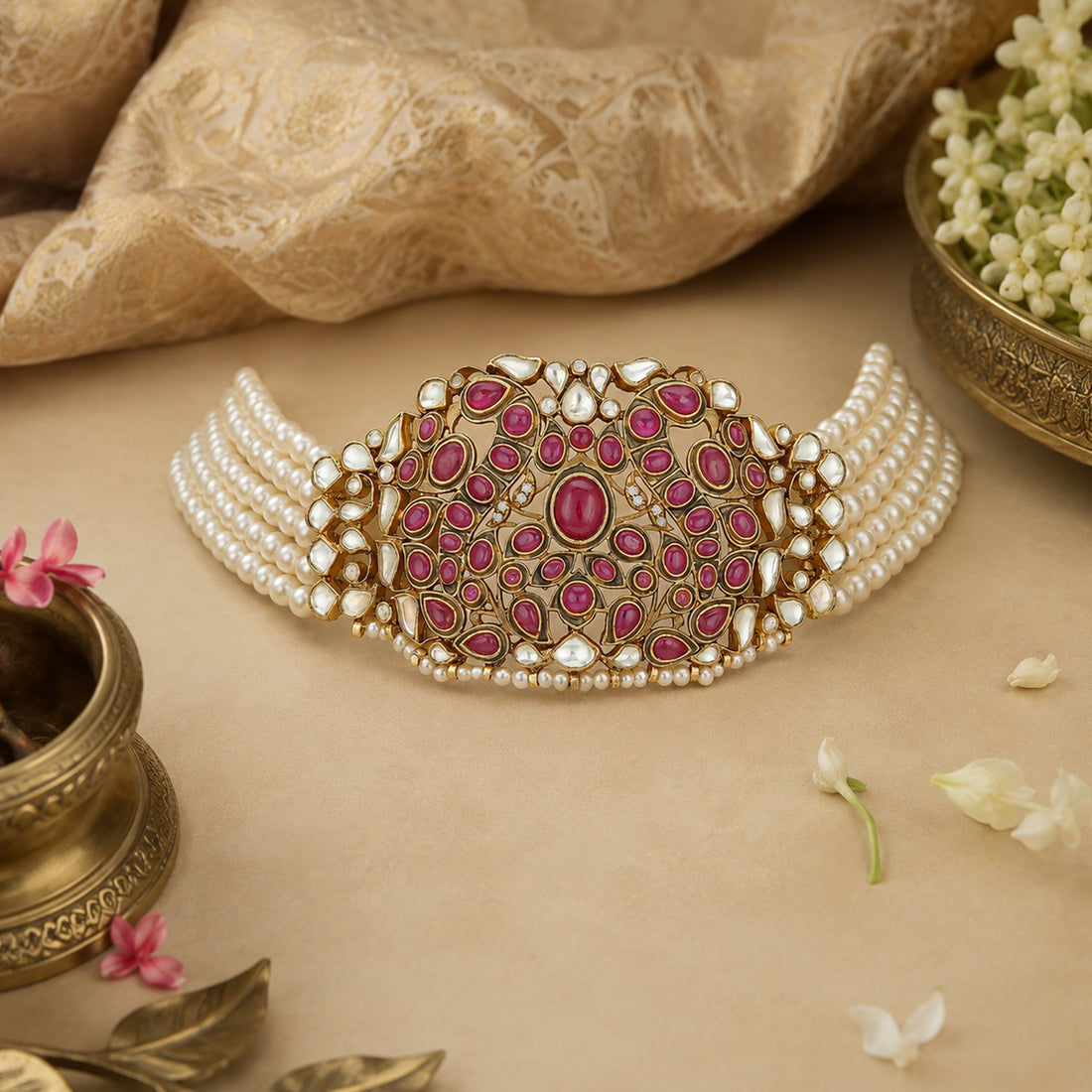 Peacock Pearl Kundan 925 Sterling Silver Choker Necklace