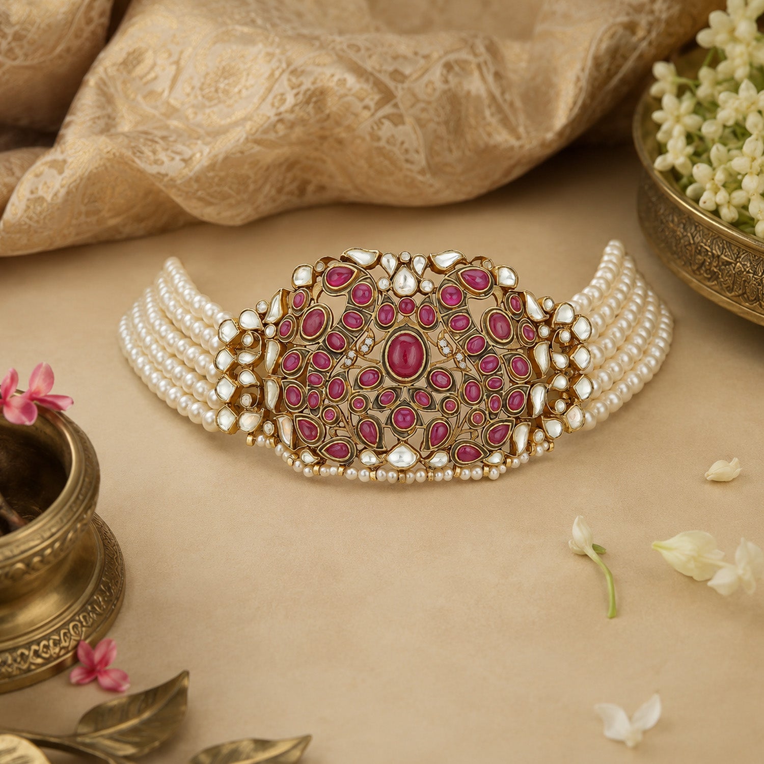 Peacock Pearl Kundan 925 Sterling Silver Choker Necklace