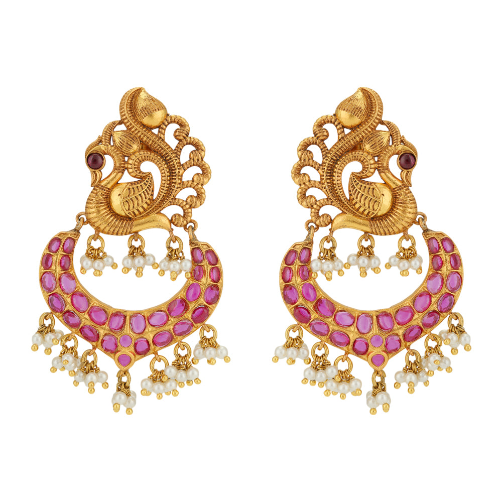 Peacock Pink Stoned Pearl Drops chandbali Earrings