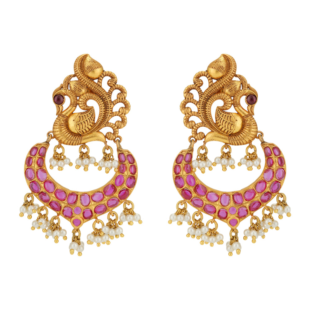 Peacock Pink Stoned Pearl Drops chandbali Earrings