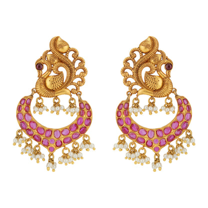 Peacock Pink Stoned Pearl Drops chandbali Earrings