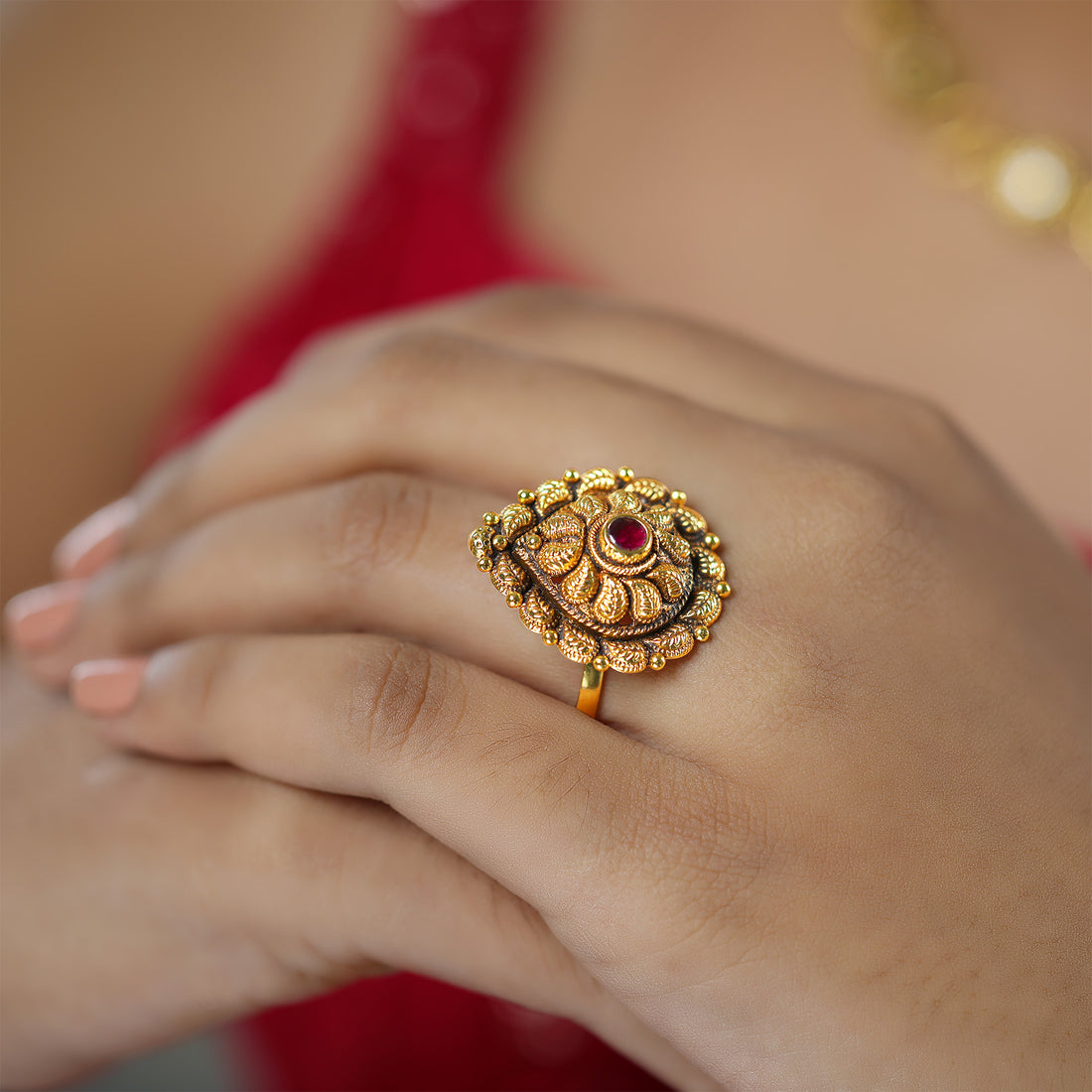 Pear Shaped 925 Leaf Patterns Radiant Red Stone Rings