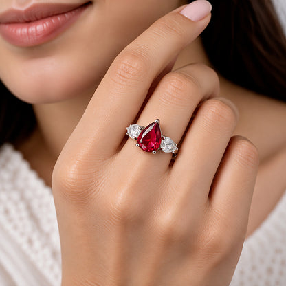 Pear Shaped Red Stone 925 Sterling Silver Ring for Women