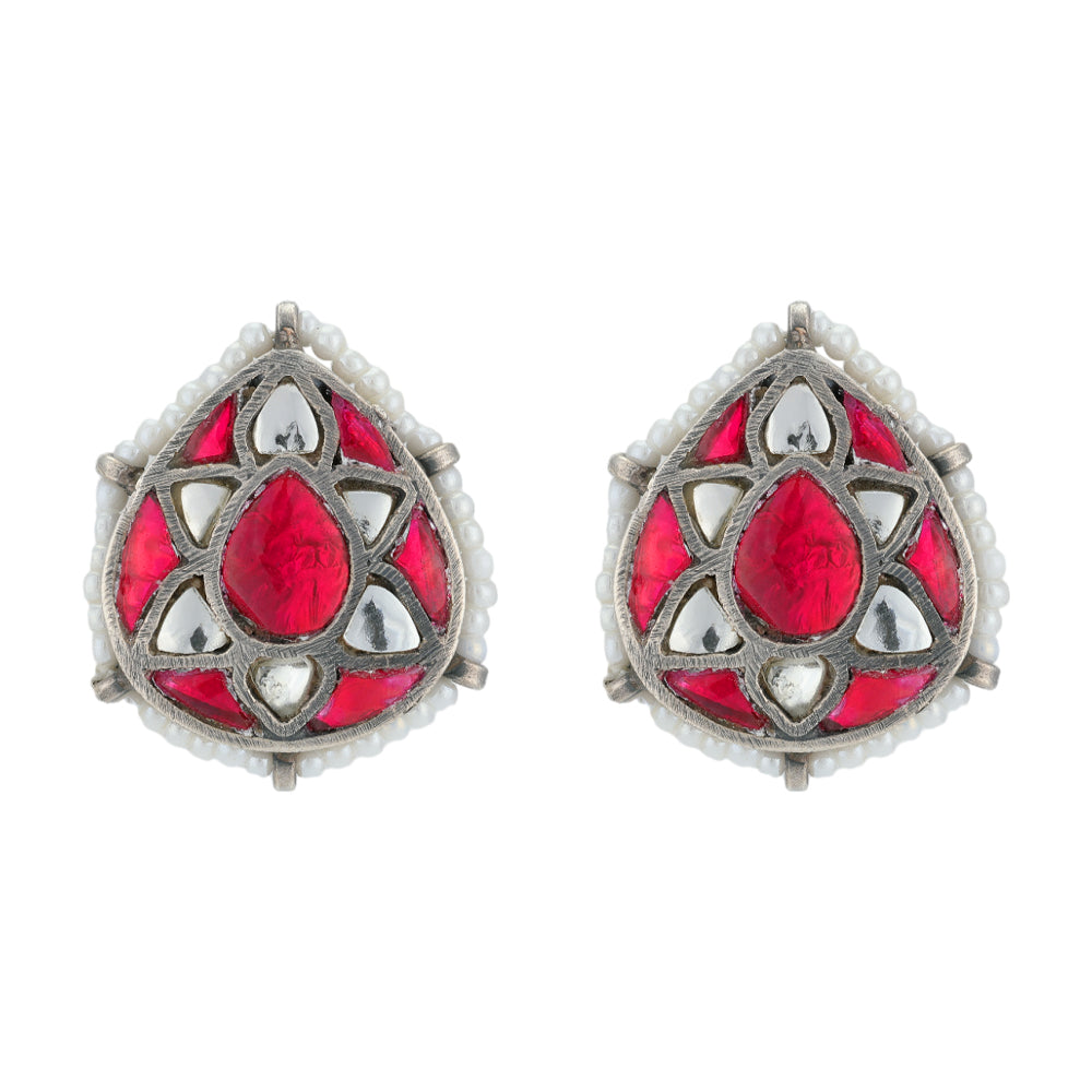 Pear Shaped Red Stoned 925 Pearl Outer Kundhan Earrings