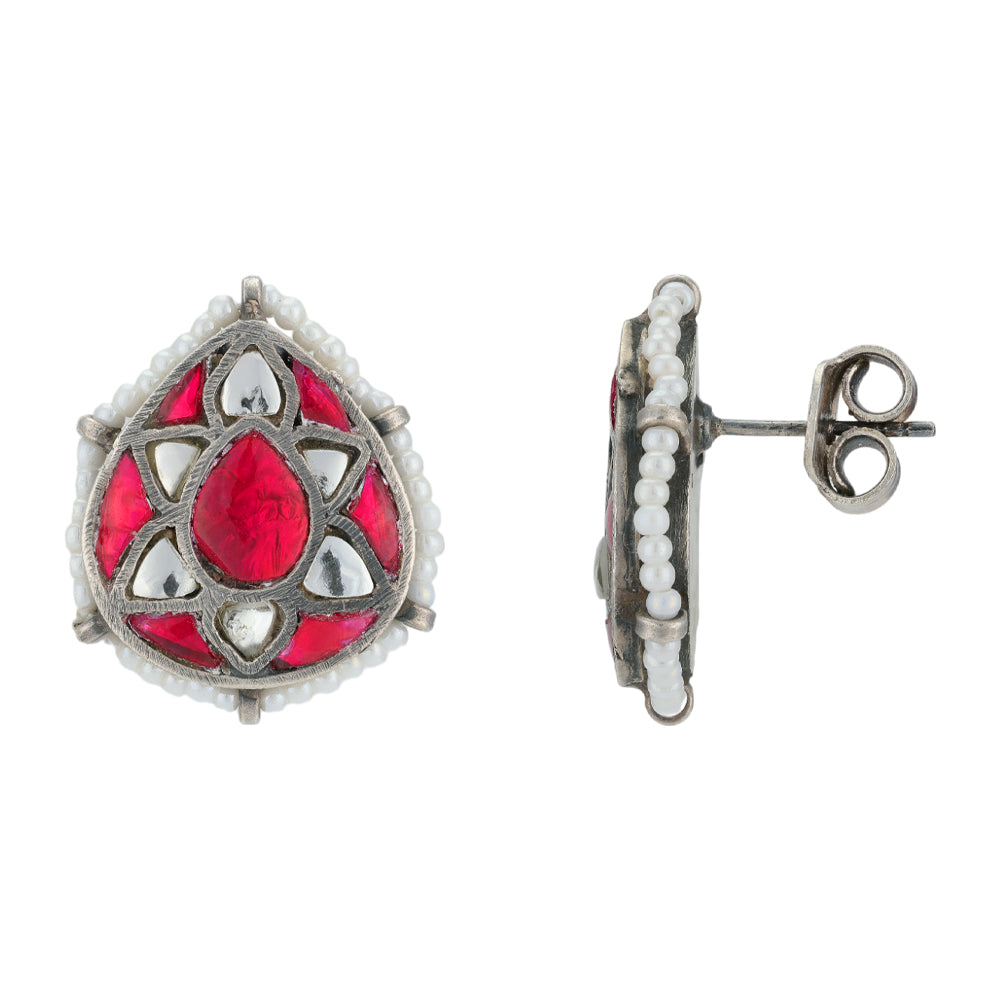 Pear Shaped Red Stoned 925 Pearl Outer Kundhan Earrings