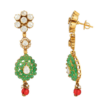 Peared Green Beads 925 Gold Plated Red Bead Drop Earrings
