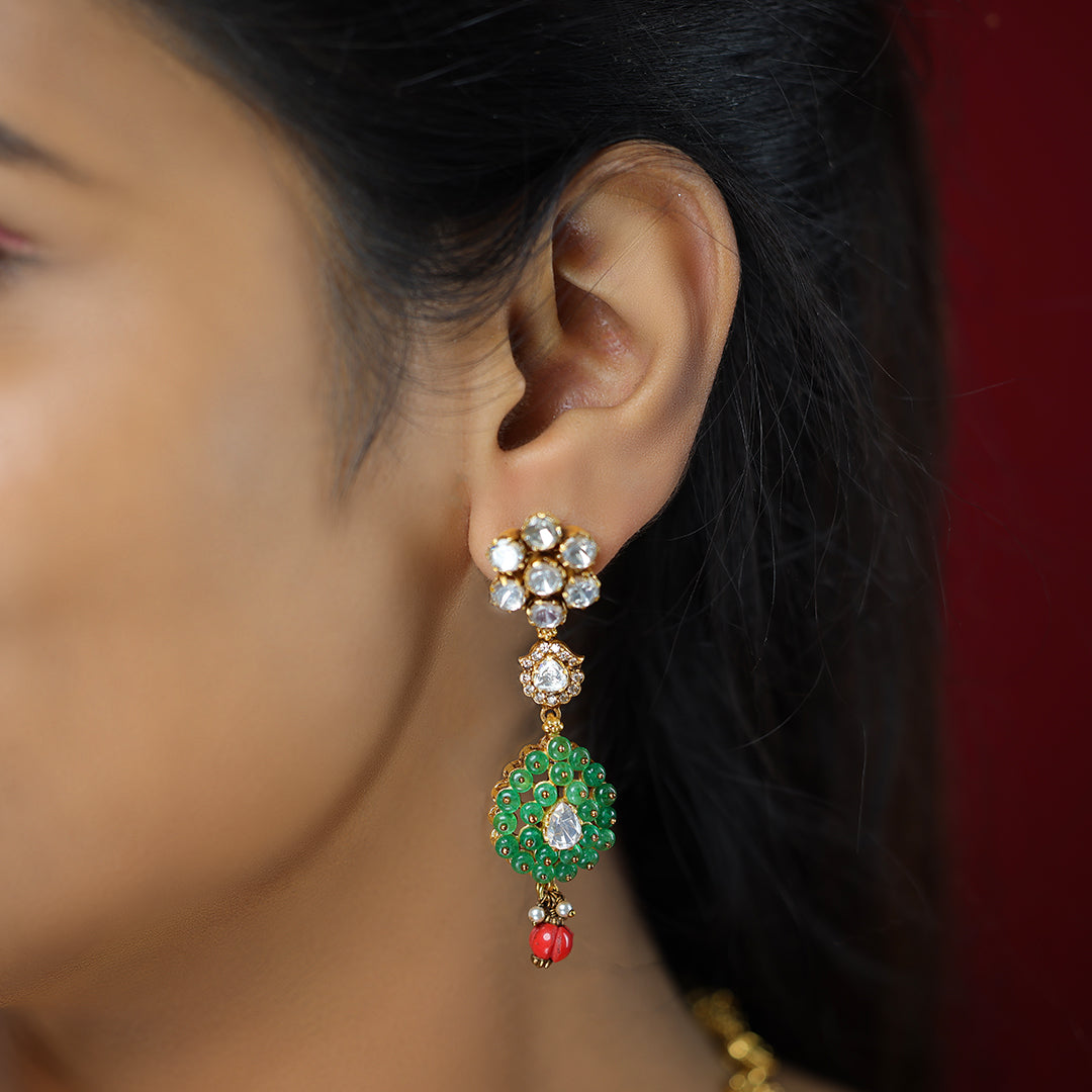 Peared Green Beads 925 Gold Plated Red Bead Drop Earrings