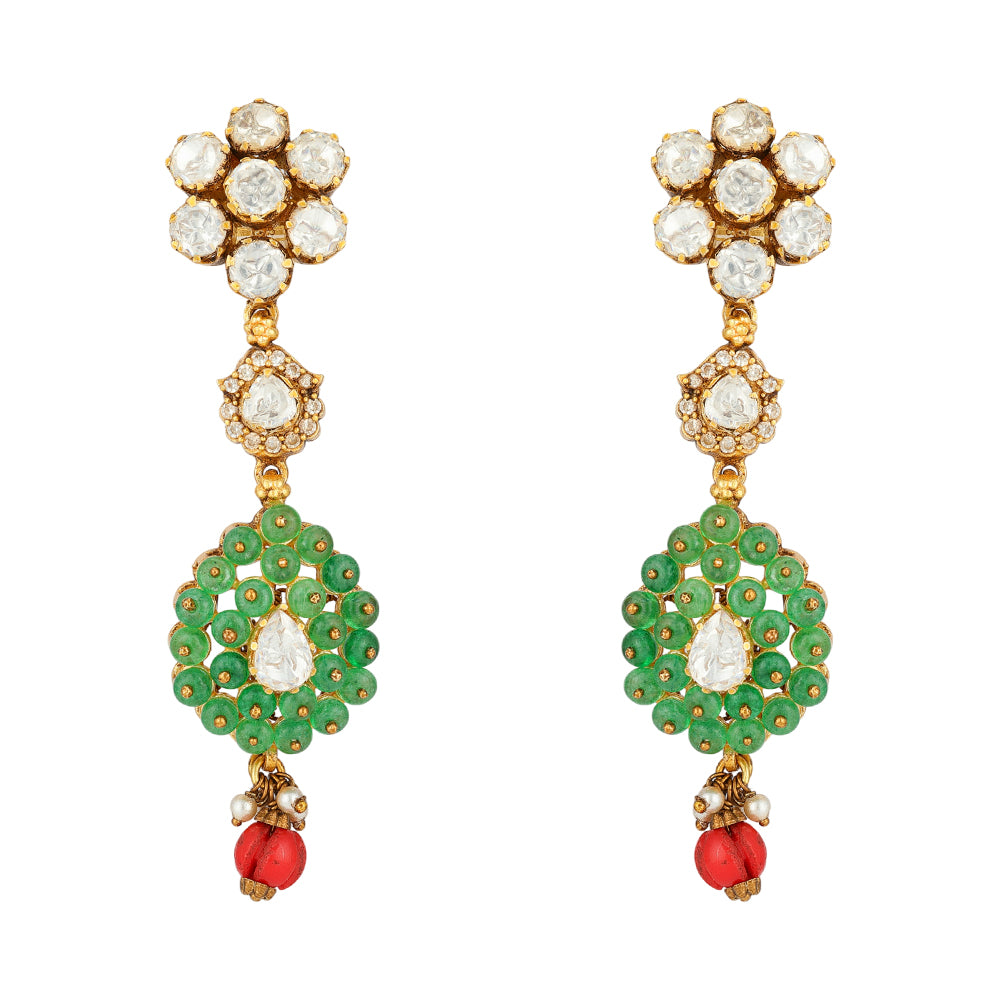 Peared Green Beads 925 Gold Plated Red Bead Drop Earrings