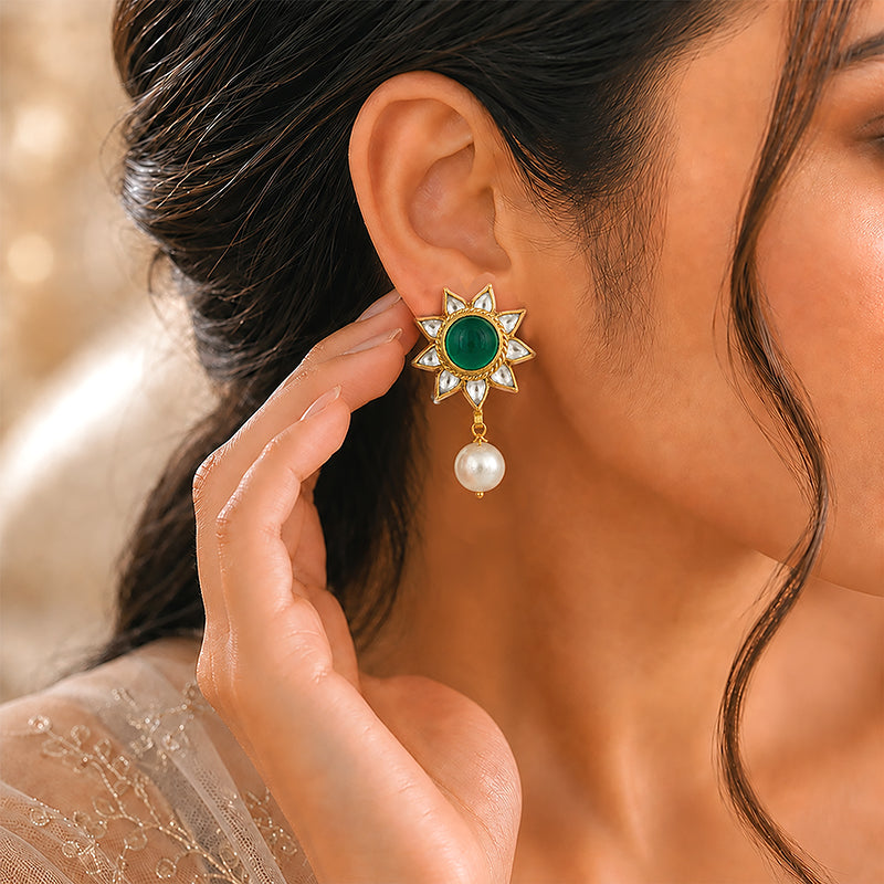 Pearl Bloom Green Golden 925 Sterling Silver Drop Earring