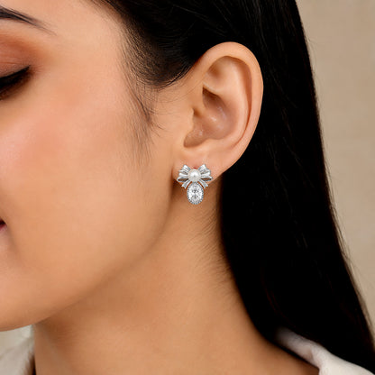 Pearl Bow Oval Crystal Drop Silver Earrings