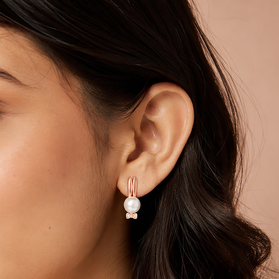 Pearl Bunny Charm 925 Sterling Silver Bow Earrings