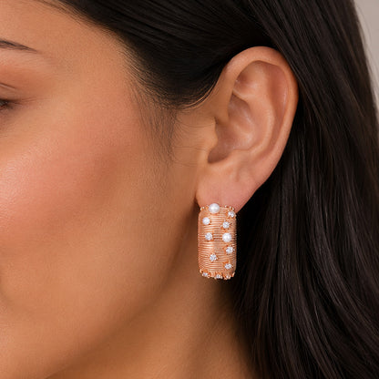 Pearl CZ Textured Wide Rose Gold Hoop Silver Stud Earrings