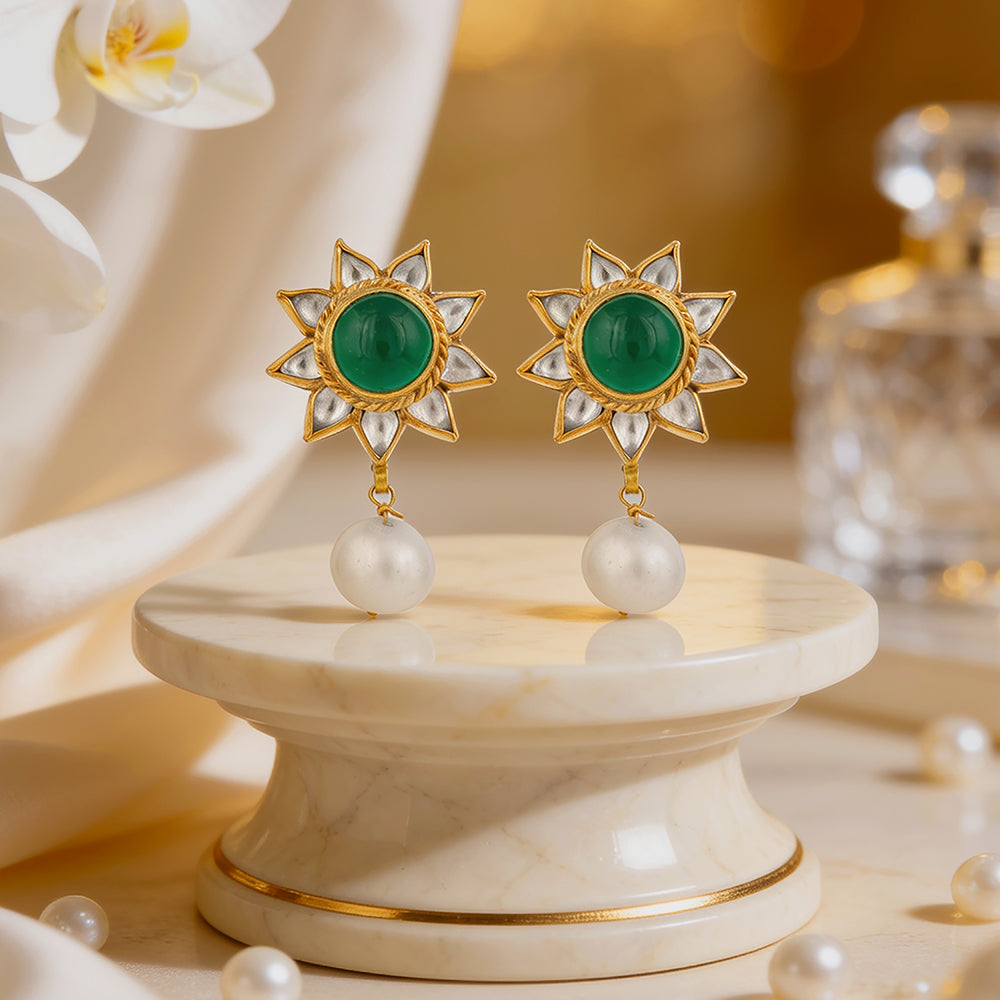Pearl Bloom Green Golden 925 Sterling Silver Drop Earring
