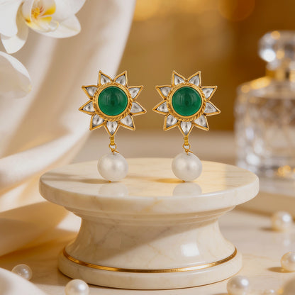 Pearl Bloom Green Golden 925 Sterling Silver Drop Earring