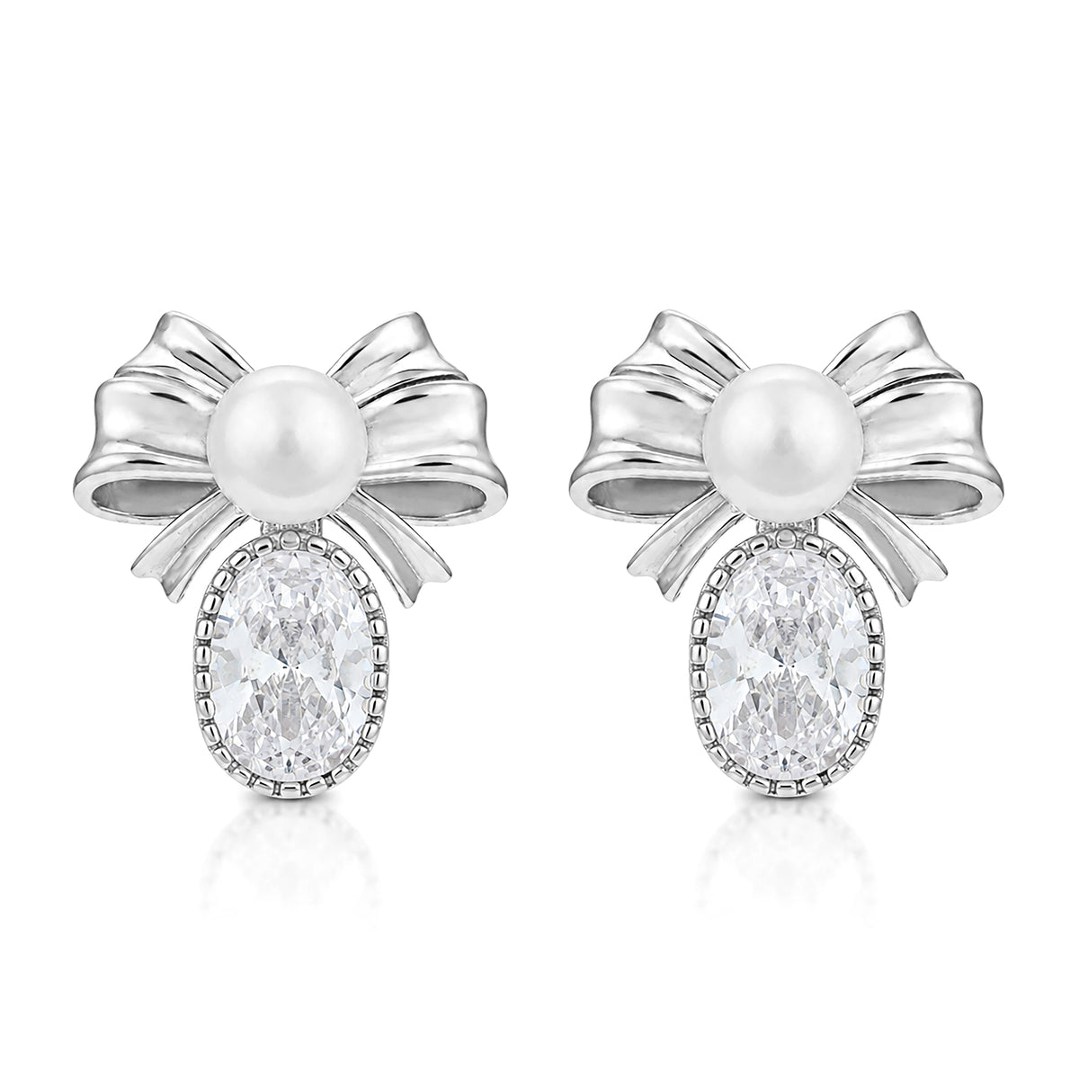 Pearl Bow Oval Crystal Drop Silver Earrings