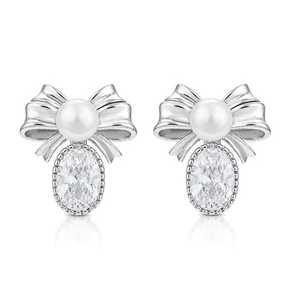 Pearl Bow Oval Crystal Drop Silver Earrings