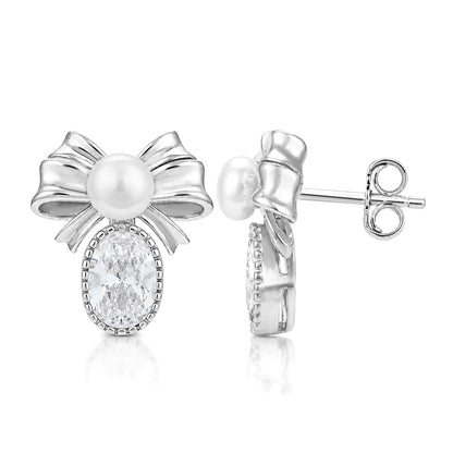 Pearl Bow Oval Crystal Drop Silver Earrings