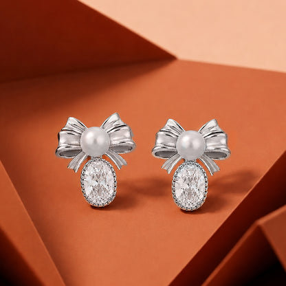 Pearl Bow Oval Crystal Drop Silver Earrings