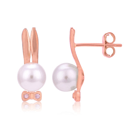 Pearl Bunny Charm 925 Sterling Silver Bow Earrings
