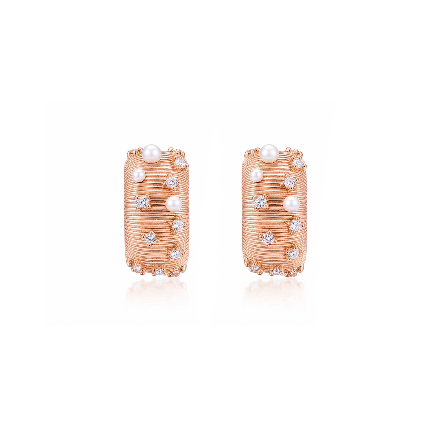 Pearl CZ Textured Wide Rose Gold Hoop Silver Stud Earrings