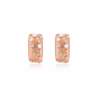 Pearl CZ Textured Wide Rose Gold Hoop Silver Stud Earrings