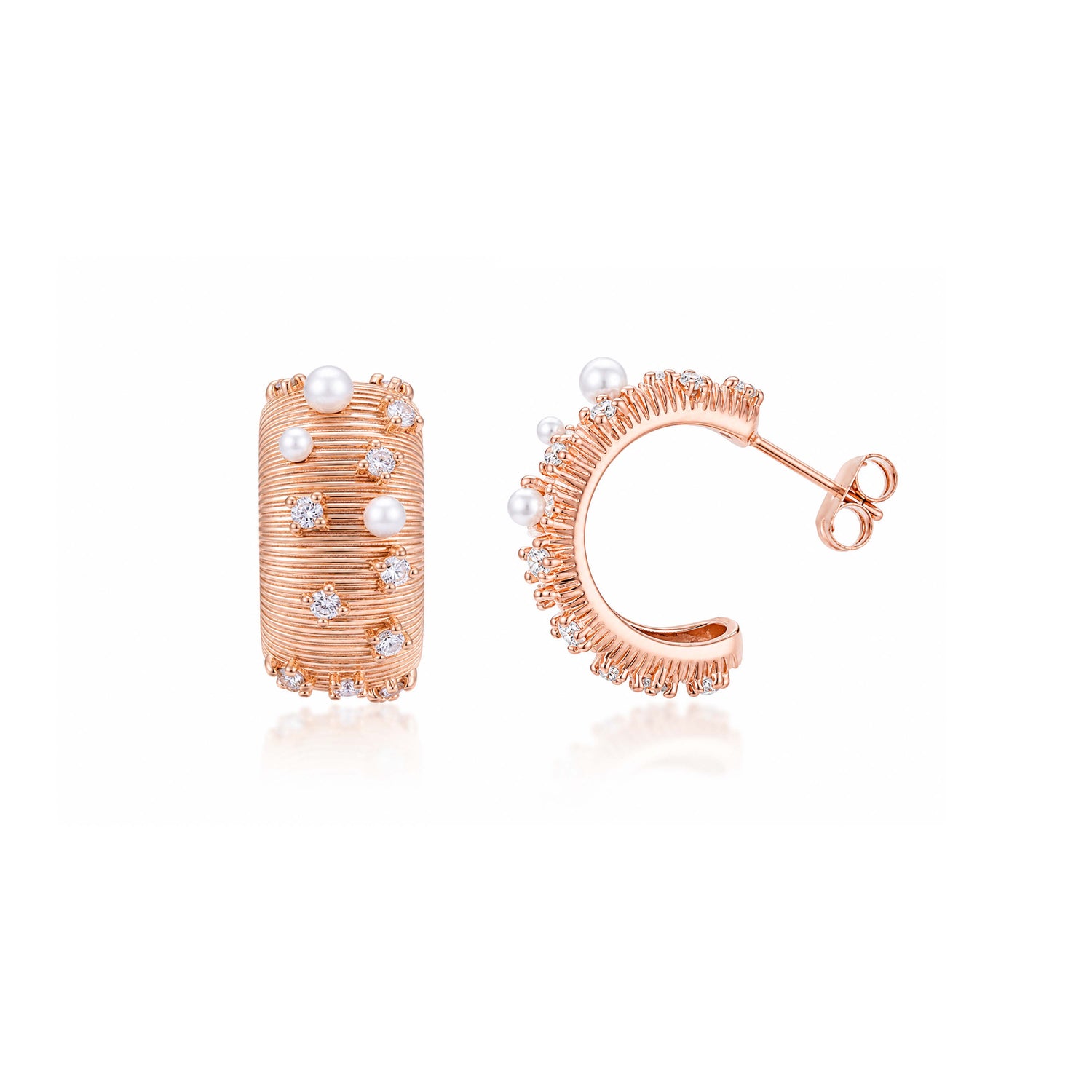 Pearl CZ Textured Wide Rose Gold Hoop Silver Stud Earrings