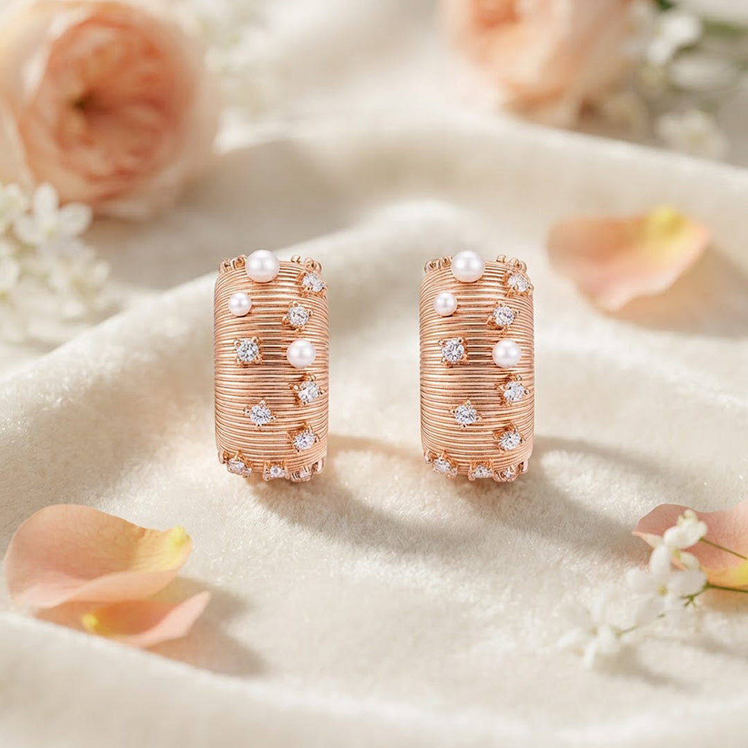 Pearl CZ Textured Wide Rose Gold Hoop Silver Stud Earrings