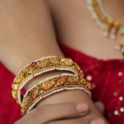 Pearl Encrusted Peacock Bangles Red Green Stone