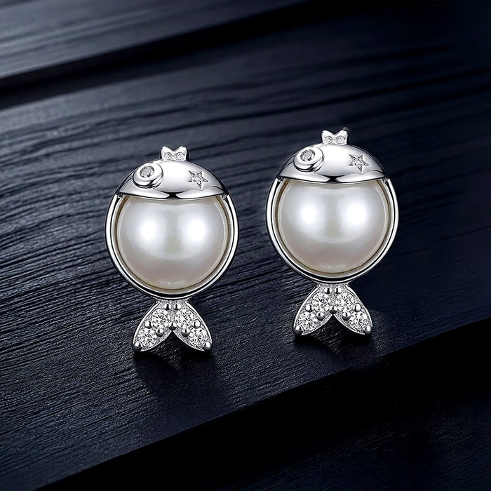 Pearl Fish Charm 925 Sterling Silver Earring