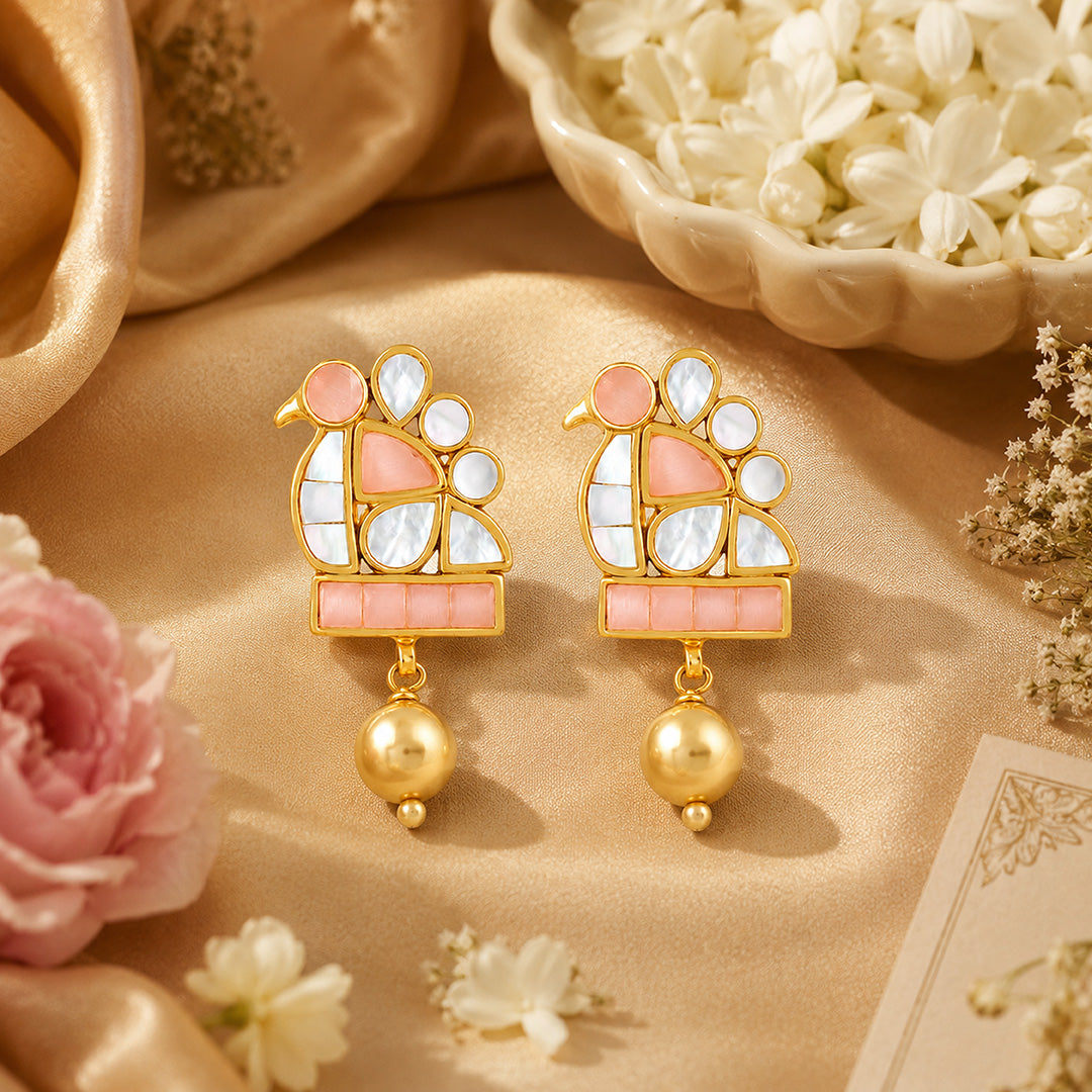 Pearl Peacock 925 Sterling Silver Golden Drop Earrings