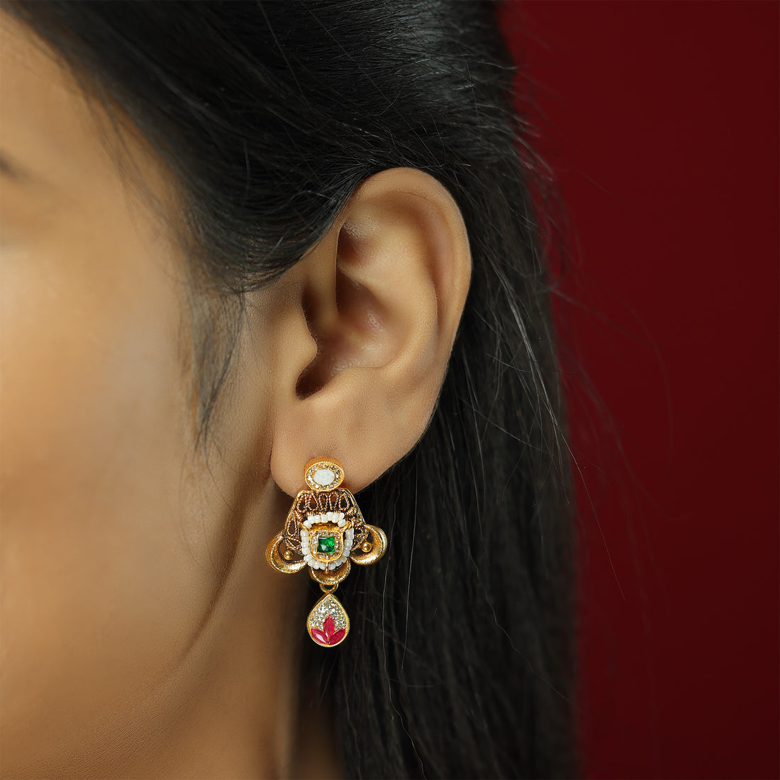 Pearl Reverie Red Green Stone Flourish 925 Gold Plated Earrings