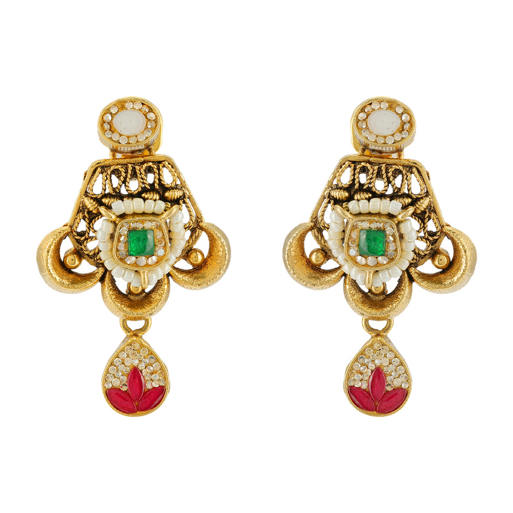 Pearl Reverie Red Green Stone Flourish 925 Gold Plated Earrings