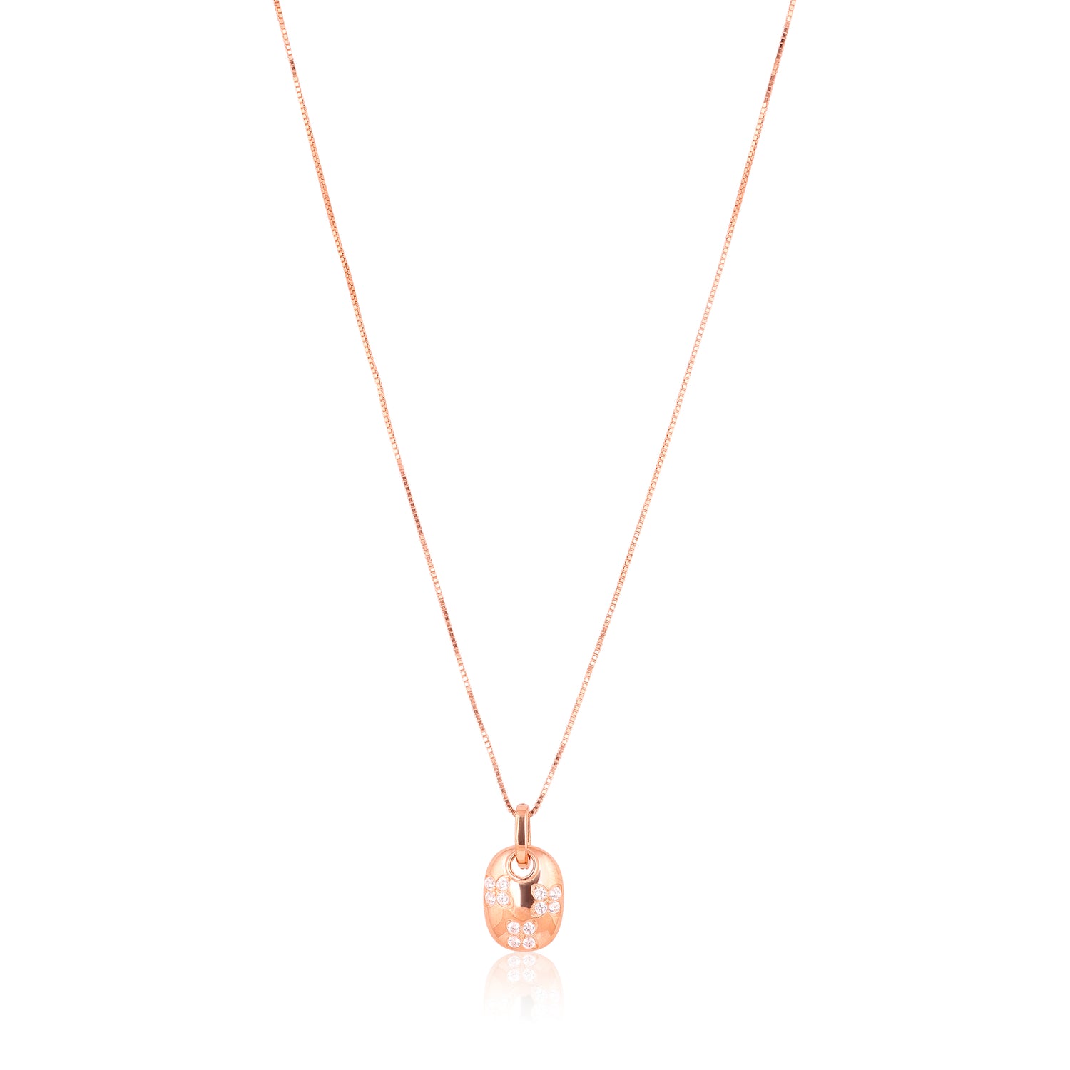 Rose gold necklace with a matching rose gold pendant on a white background